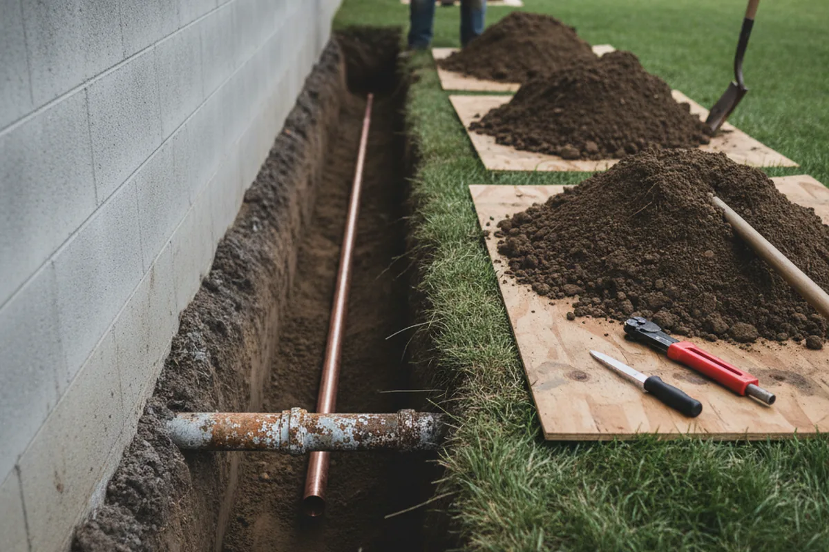 Excavated water line trench during Water Heater Repair in Itasca